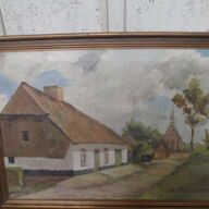 Schilderij van kasteelhoeve en gracht, wal