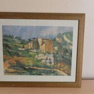 Een schilderij van een landschap met huis een aquarel